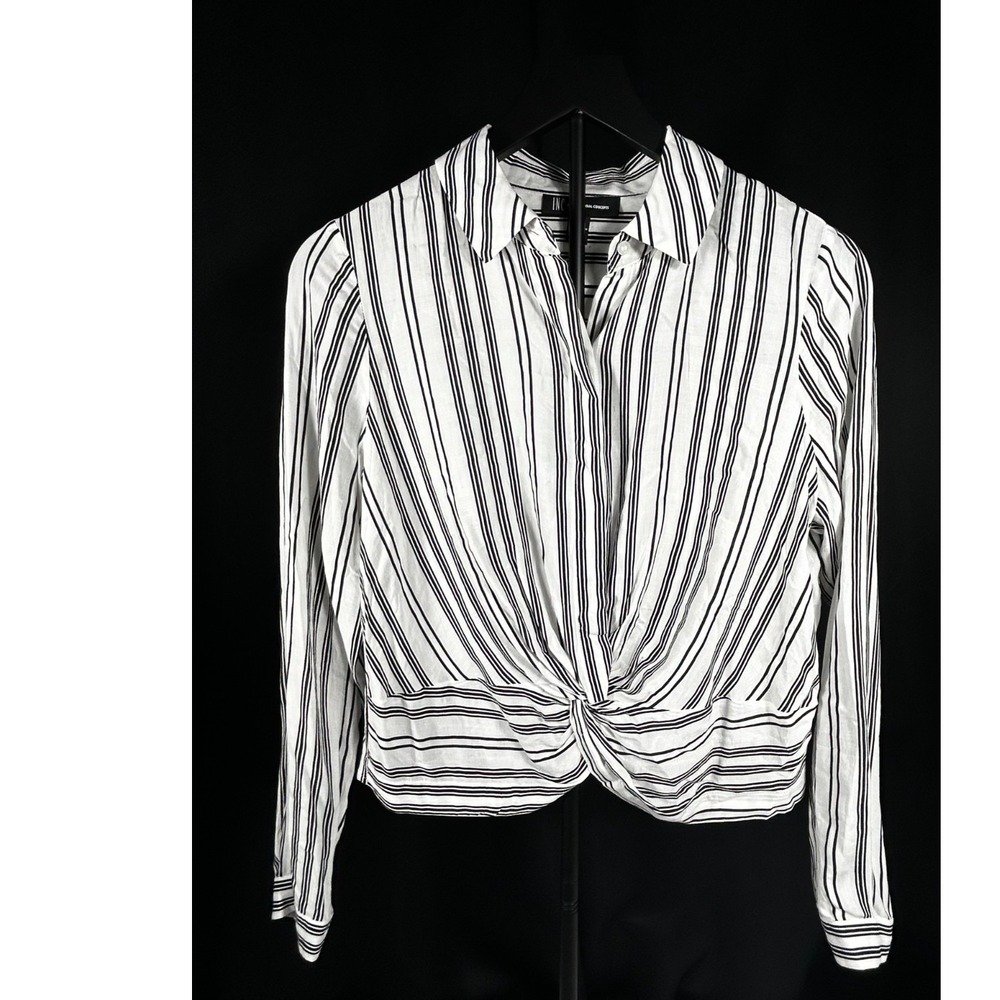 INC International Concepts Black White Striped Twist Front Shirt Petite Small PS